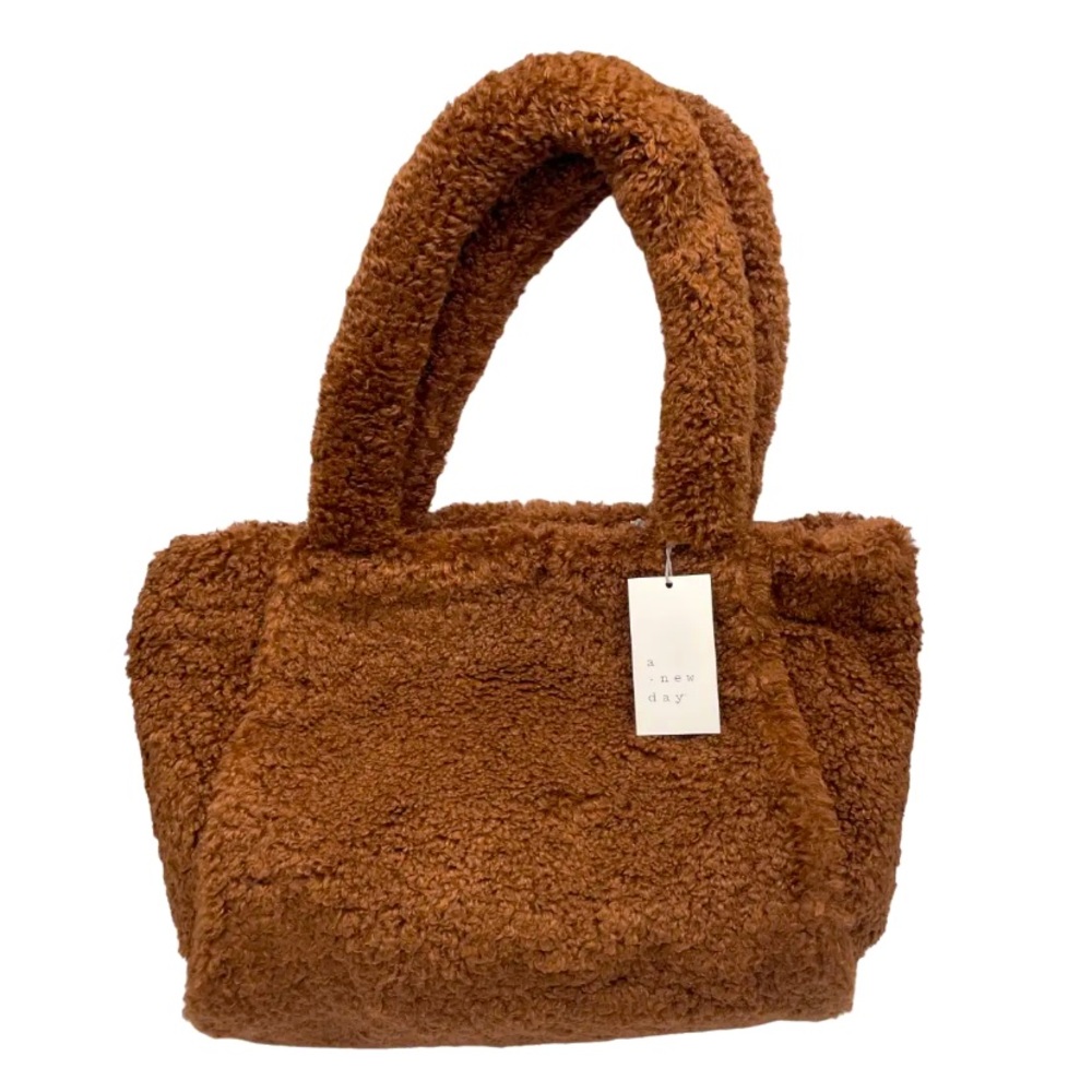 A New Day NWT Women's OS Brown Faux Fur Double Handle Zipper Party Tote Bag